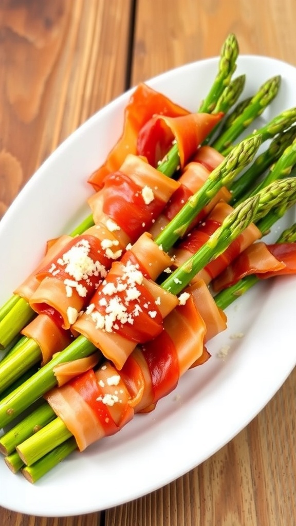 Air Fryer Prosciutto Wrapped Asparagus Recipe Crispy prosciutto wrapped asparagus on a plate with Parmesan cheese, on a rustic wooden table.